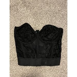 Vintage Goddess Longline Bra Bustier Womens 36DD Black Lace Strapless USA 688